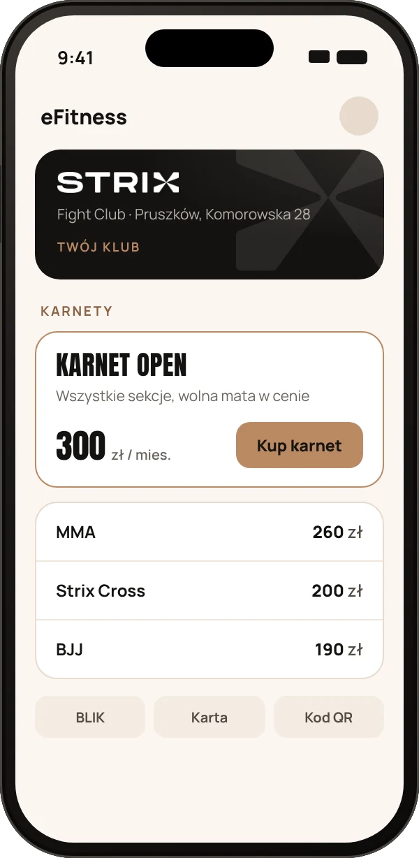 Ekran aplikacji eFitness z klubem STRIX Fight Club i listą karnetów